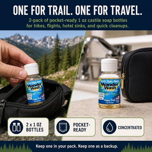 Elite Trail Magic- Made In USA- Wander Wash Biodegradable Castile Soap – Ultralight 1 oz Concentrated Liquid Soap for Camping- Dish Wash Station-Travel & Backpacking – All Purpose, Unscented in Kuwait