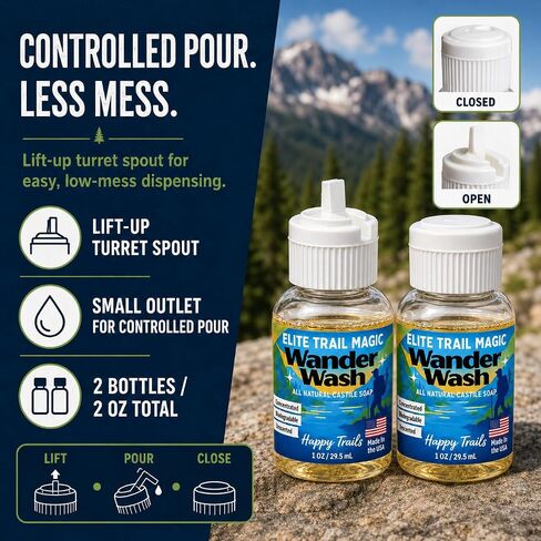 Elite Trail Magic- Made In USA- Wander Wash Biodegradable Castile Soap – Ultralight 1 oz Concentrated Liquid Soap for Camping- Dish Wash Station-Travel & Backpacking – All Purpose, Unscented in Kuwait