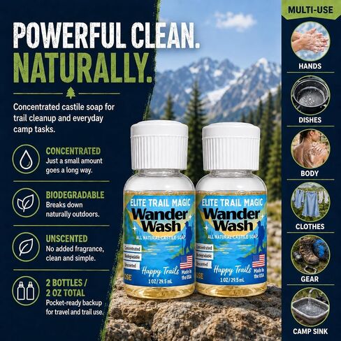Elite Trail Magic- Made In USA- Wander Wash Biodegradable Castile Soap – Ultralight 1 oz Concentrated Liquid Soap for Camping- Dish Wash Station-Travel & Backpacking – All Purpose, Unscented in Kuwait
