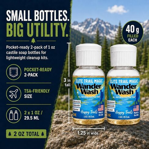 Elite Trail Magic- Made In USA- Wander Wash Biodegradable Castile Soap – Ultralight 1 oz Concentrated Liquid Soap for Camping- Dish Wash Station-Travel & Backpacking – All Purpose, Unscented in Kuwait
