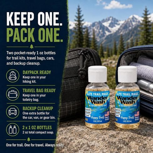 Elite Trail Magic- Made In USA- Wander Wash Biodegradable Castile Soap – Ultralight 1 oz Concentrated Liquid Soap for Camping- Dish Wash Station-Travel & Backpacking – All Purpose, Unscented in Kuwait