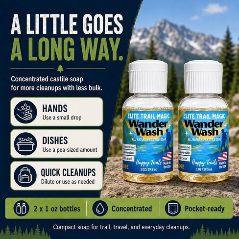Elite Trail Magic- Made In USA- Wander Wash Biodegradable Castile Soap – Ultralight 1 oz Concentrated Liquid Soap for Camping- Dish Wash Station-Travel & Backpacking – All Purpose, Unscented in Kuwait
