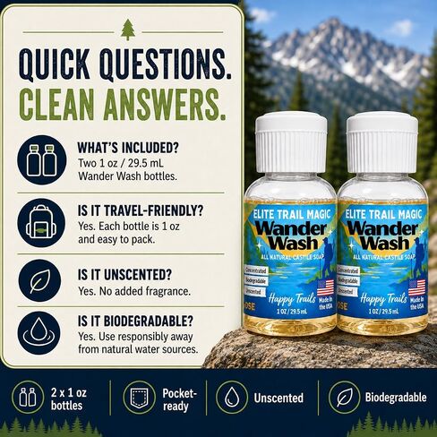 Elite Trail Magic- Made In USA- Wander Wash Biodegradable Castile Soap – Ultralight 1 oz Concentrated Liquid Soap for Camping- Dish Wash Station-Travel & Backpacking – All Purpose, Unscented in Kuwait