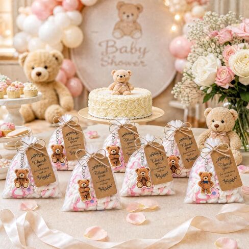 50 Set Bear Party Favors Baby Shower Favors Bear Keychains Recuerdos Para Baby Shower Return Gifts for Guests Cute Keychain Thank You Tags and Organza Bags for Birthday Party Souvenirs Supplies in Kuwait