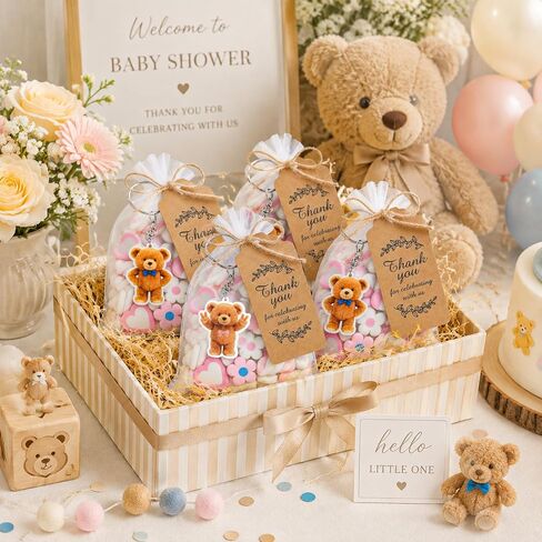 50 Set Bear Party Favors Baby Shower Favors Bear Keychains Recuerdos Para Baby Shower Return Gifts for Guests Cute Keychain Thank You Tags and Organza Bags for Birthday Party Souvenirs Supplies in Kuwait