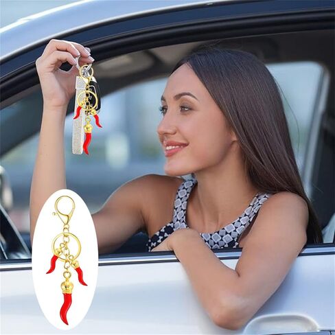 سلسلة مفاتيح Dreuyet الإيطالية ذات القرن الأحمر 3 سلسلة من الفلفل الحار لحقيبة السيارة هدية حماية الحظ السعيد الإيطالية in Kuwait