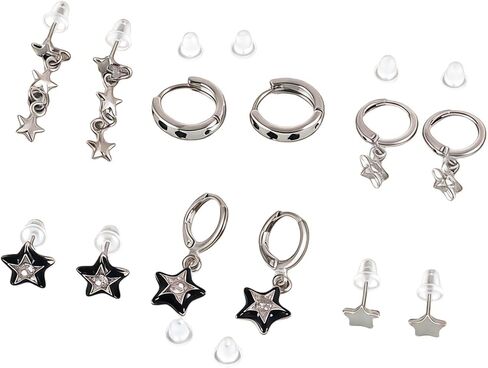 6 Pairs Y2k Earrings Set,Vintage Silver Star Stud Earrings,Y2K Stud Earrings,Star Hoop Earrings for Women,Punk Grunge Star Earrings,Y2k Accessories,Y2K Jewelry for Women in Kuwait