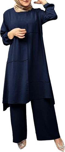 Women's Muslim 2 Pieces Sets Long Sleeve Button Down Shirt and Pants Abaya Casual Dress Dubai Outfits in Saudi Arabia