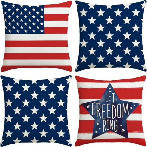 4th of July Pillow Covers 18x18 Inch,Set of 4 Red White Blue Summer Outdoor Throw Patriotic Pillow Covers,USA Flag Linen Fourth of July Independence Memorial Day Cushion Case for Sofa Couch Decor in Saudi Arabia