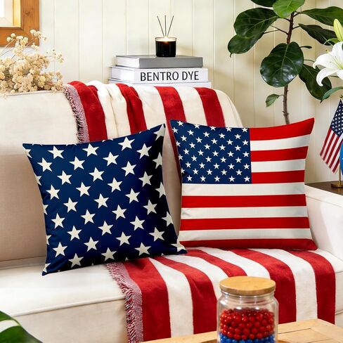 4th of July Pillow Covers 18x18 Inch,Set of 4 Red White Blue Summer Outdoor Throw Patriotic Pillow Covers,USA Flag Linen Fourth of July Independence Memorial Day Cushion Case for Sofa Couch Decor in Saudi Arabia