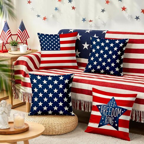 4th of July Pillow Covers 18x18 Inch,Set of 4 Red White Blue Summer Outdoor Throw Patriotic Pillow Covers,USA Flag Linen Fourth of July Independence Memorial Day Cushion Case for Sofa Couch Decor in Saudi Arabia
