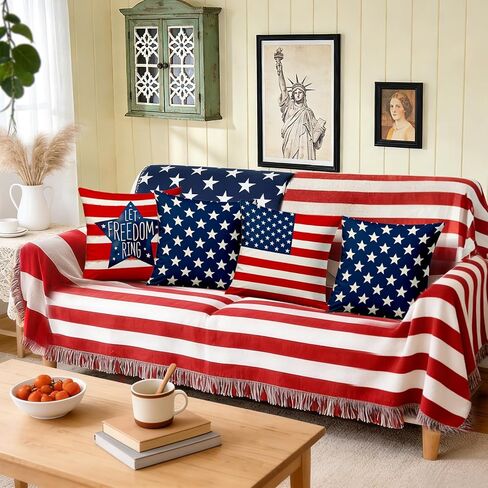 4th of July Pillow Covers 18x18 Inch,Set of 4 Red White Blue Summer Outdoor Throw Patriotic Pillow Covers,USA Flag Linen Fourth of July Independence Memorial Day Cushion Case for Sofa Couch Decor in Saudi Arabia