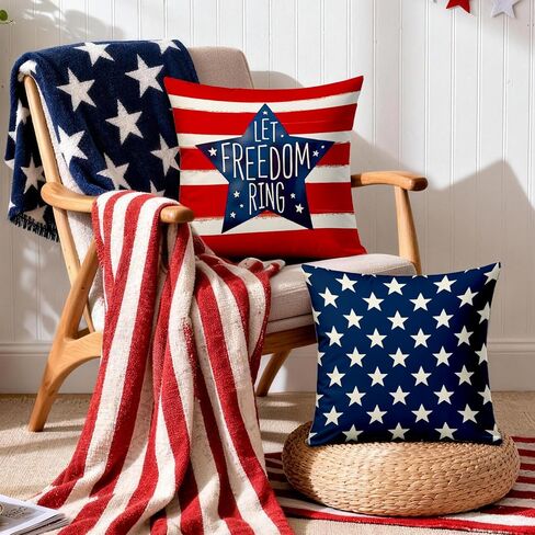 4th of July Pillow Covers 18x18 Inch,Set of 4 Red White Blue Summer Outdoor Throw Patriotic Pillow Covers,USA Flag Linen Fourth of July Independence Memorial Day Cushion Case for Sofa Couch Decor in Saudi Arabia