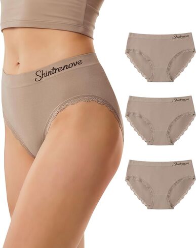 Lace Seamless Underwear for Women, Mid Waist Nylon Stretch Briefs with Cotton Gusset, 3 Pack in Saudi Arabia