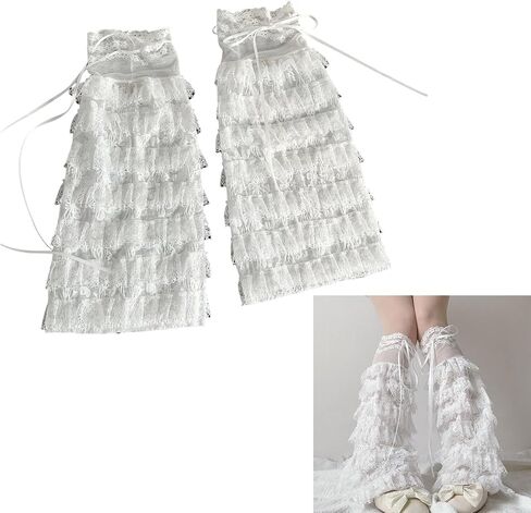 Japanese Tiered Ruffle Lace Leg Warmers for Women Flared Leg Covers with Drawstring Ribbon Princess Mesh Leg Sleeves in Saudi Arabia