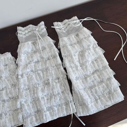 Japanese Tiered Ruffle Lace Leg Warmers for Women Flared Leg Covers with Drawstring Ribbon Princess Mesh Leg Sleeves in Saudi Arabia
