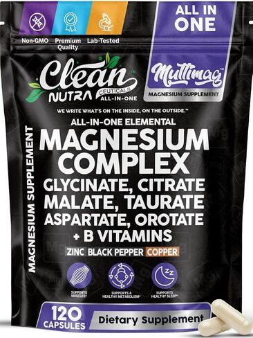 Magnesium Complex 2285mg with Magnesium Glycinate Citrate Malate Oxide Taurate Aspartate Gluconate Orotate & Mag Chloride, Zinc Copper Manganese & Vitamin C B1 B2 B6 B12 Complex - 90 Count Made in USA in Kuwait