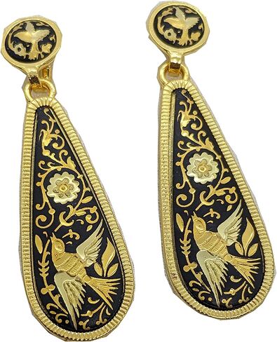 24K Gold & Steel Spanish long drop earrings Elegant and Sophisticated Damascene style from Spain-Birds in Kuwait