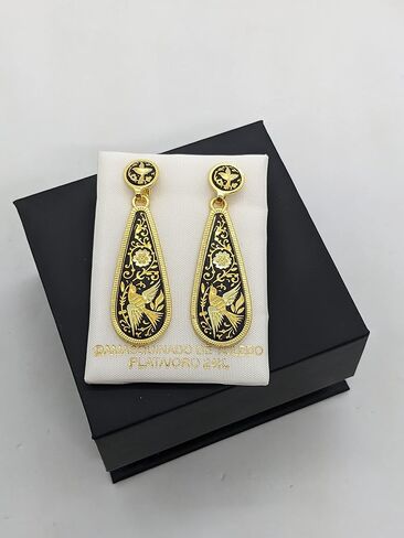 24K Gold & Steel Spanish long drop earrings Elegant and Sophisticated Damascene style from Spain-Birds in Kuwait