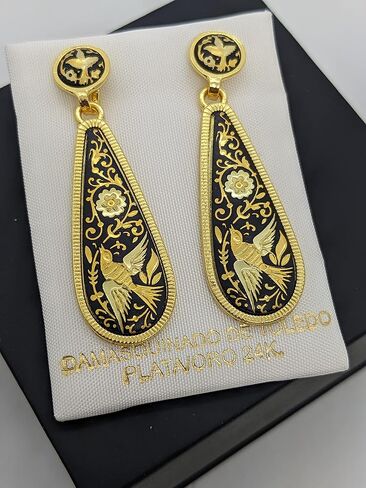 24K Gold & Steel Spanish long drop earrings Elegant and Sophisticated Damascene style from Spain-Birds in Kuwait