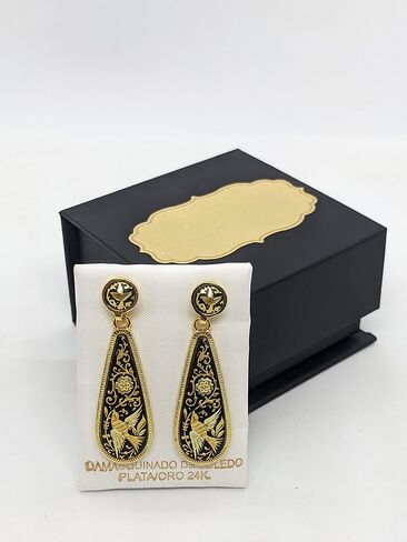 24K Gold & Steel Spanish long drop earrings Elegant and Sophisticated Damascene style from Spain-Birds in Kuwait