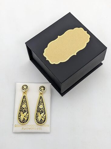 24K Gold & Steel Spanish long drop earrings Elegant and Sophisticated Damascene style from Spain-Birds in Kuwait