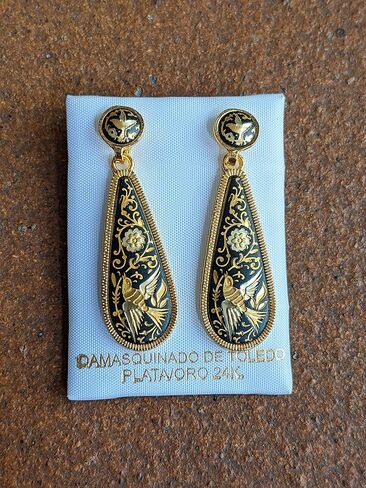 24K Gold & Steel Spanish long drop earrings Elegant and Sophisticated Damascene style from Spain-Birds in Kuwait