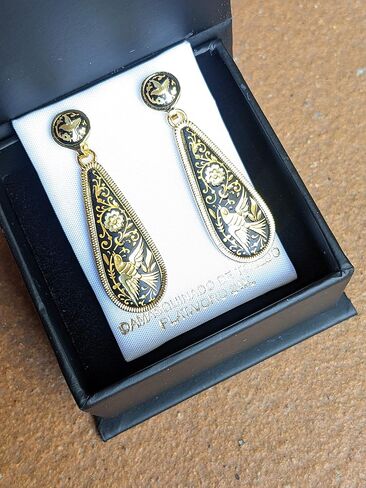 24K Gold & Steel Spanish long drop earrings Elegant and Sophisticated Damascene style from Spain-Birds in Kuwait