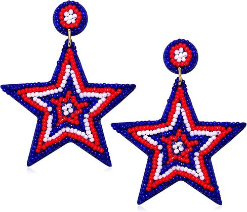 4th of July Earrings, 4th of July Outfits for Women, Patriotic Star Earrings, Beaded American Flag Earrings Independence Day Jewelry Gifts (Star) in Kuwait