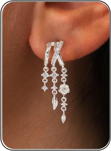 VRIUA Dangle Earrings for Women - 14k Gold Plated/Silver Triple Huggie Earrings Dainty Dangle Earring Hoops Statement Long Drop Chain Earrings Jewelry Trendy in Saudi Arabia