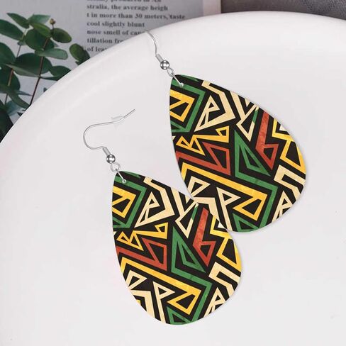 African Geometric Faux Leather Earrings, Tribe Ethnic Pattern Teardrop Dangle Earrings, Lightweight Dangle For Women in Saudi Arabia
