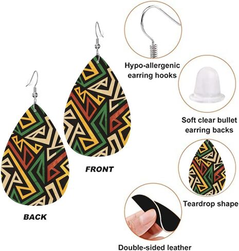 African Geometric Faux Leather Earrings, Tribe Ethnic Pattern Teardrop Dangle Earrings, Lightweight Dangle For Women in Saudi Arabia