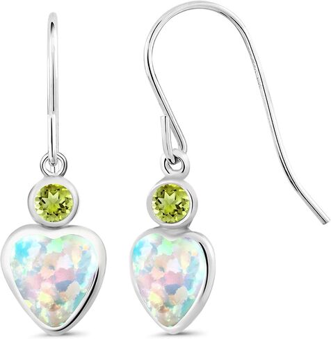 Gem Stone King 14K White Gold White Opal and Green Peridot French Wire Dangle Hook Earrings For Women (1.74 Cttw, Gemstone October Birthstone, Heart 6MM, Round 3MM) in Kuwait