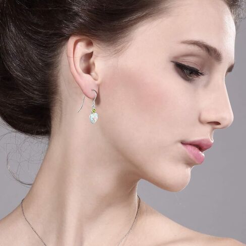 Gem Stone King 14K White Gold White Opal and Green Peridot French Wire Dangle Hook Earrings For Women (1.74 Cttw, Gemstone October Birthstone, Heart 6MM, Round 3MM) in Kuwait