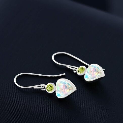 Gem Stone King 14K White Gold White Opal and Green Peridot French Wire Dangle Hook Earrings For Women (1.74 Cttw, Gemstone October Birthstone, Heart 6MM, Round 3MM) in Kuwait
