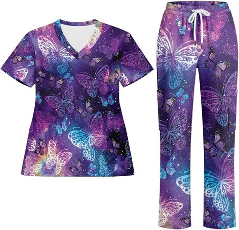 Print Scrubs for Women Set - V-Neck Top and Pants with Pockets Nurse Uniform Fun and Comfortable Workwear in Saudi Arabia