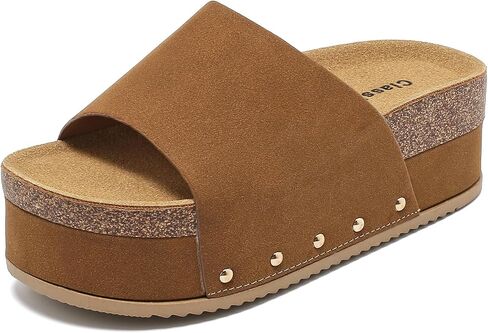 Suede Platform Sandals Women, Cork Footbed Espadrille Wedge Lady, Open Toe Chunky Mules, Summer Beach Slip On Shoes, Casual Comfort Slippers, Outdoor Footwear Slides in Saudi Arabia
