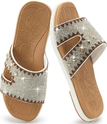 ONCAI Womens Sandals Rhinestone Ladies Flat Slides Glitter Sparkly Summer Casual Comfort Square Open Toe Sandalias Mujer with Outdoor Rubber Soles US Size 6-12 in Saudi Arabia