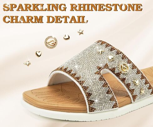 ONCAI Womens Sandals Rhinestone Ladies Flat Slides Glitter Sparkly Summer Casual Comfort Square Open Toe Sandalias Mujer with Outdoor Rubber Soles US Size 6-12 in Saudi Arabia