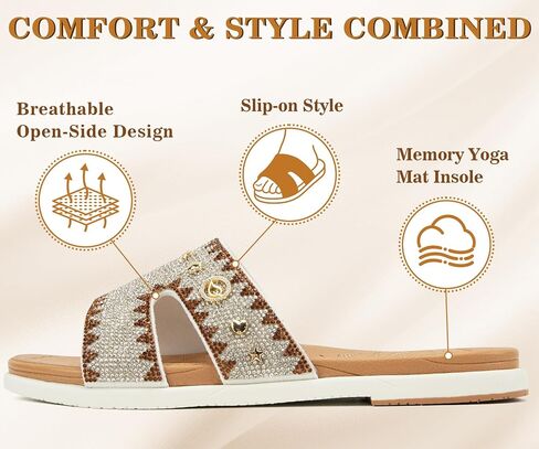 ONCAI Womens Sandals Rhinestone Ladies Flat Slides Glitter Sparkly Summer Casual Comfort Square Open Toe Sandalias Mujer with Outdoor Rubber Soles US Size 6-12 in Saudi Arabia