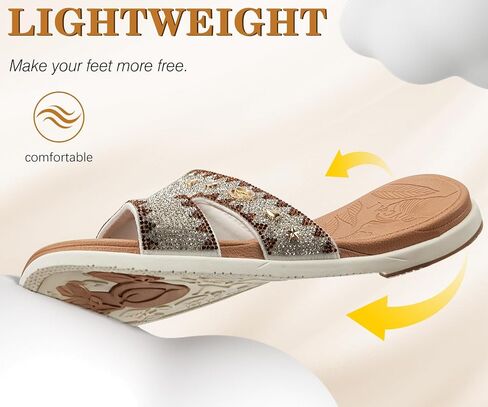 ONCAI Womens Sandals Rhinestone Ladies Flat Slides Glitter Sparkly Summer Casual Comfort Square Open Toe Sandalias Mujer with Outdoor Rubber Soles US Size 6-12 in Saudi Arabia
