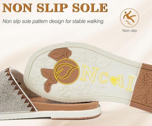 ONCAI Womens Sandals Rhinestone Ladies Flat Slides Glitter Sparkly Summer Casual Comfort Square Open Toe Sandalias Mujer with Outdoor Rubber Soles US Size 6-12 in Saudi Arabia