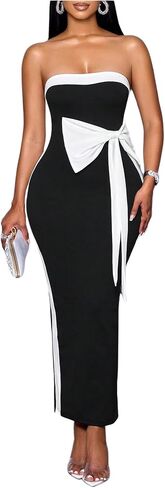 GORGLITTER Women's Bow Strapless Dress Color Block Split Backless Bodycon Cocktail Party Wedding Guest Maxi Dresses in Kuwait