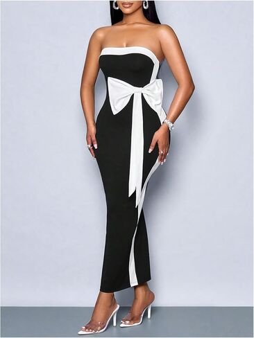 GORGLITTER Women's Bow Strapless Dress Color Block Split Backless Bodycon Cocktail Party Wedding Guest Maxi Dresses in Kuwait