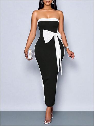 GORGLITTER Women's Bow Strapless Dress Color Block Split Backless Bodycon Cocktail Party Wedding Guest Maxi Dresses in Kuwait