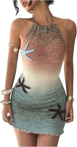 OYOANGLE Women's Ombre Backless Halter Mini Dress Starfish Summer Sleeveless Knit Vacation Sundress in Saudi Arabia