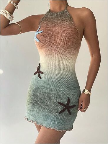OYOANGLE Women's Ombre Backless Halter Mini Dress Starfish Summer Sleeveless Knit Vacation Sundress in Kuwait