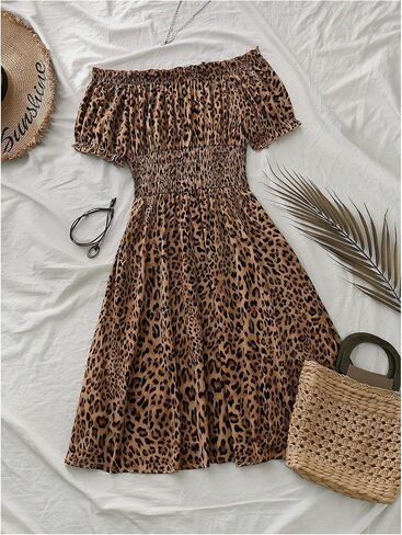 GORGLITTER Women's Plus Size Dress Leopard Cheetah Print Off Shoulder Short Sleeve A Line Midi Dresses Birthday Outfits in Kuwait