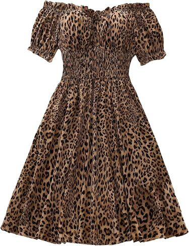 GORGLITTER Women's Plus Size Dress Leopard Cheetah Print Off Shoulder Short Sleeve A Line Midi Dresses Birthday Outfits in Kuwait