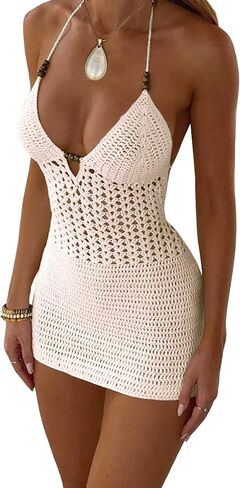 LovelyWholesale Women Crochet Mini Dress Sexy Halter V Neck Backless Dresses Summer Vacation Party in Saudi Arabia
